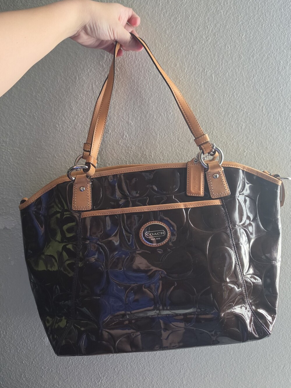 Coach Patent Leather Tote in Dark Brown with Tan Handles
